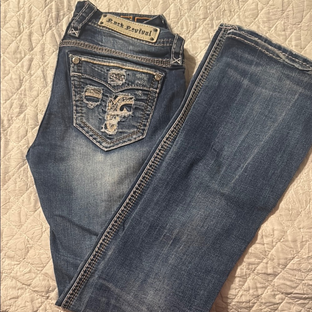 Rock Revival Blue Boot Cut Jeans with Contrast Stitching